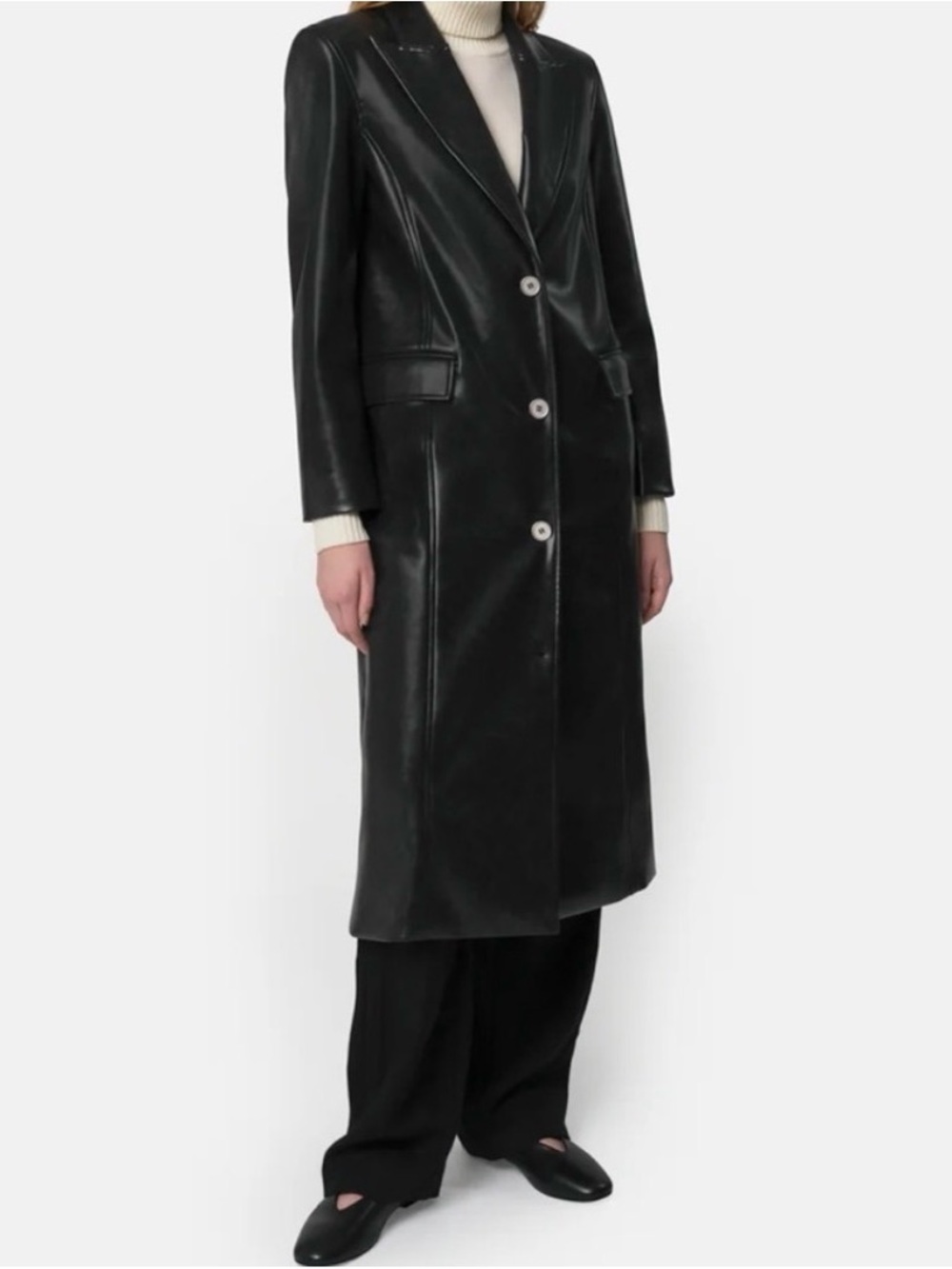 Apparis Black Long Leather Coat with Notched Lapel